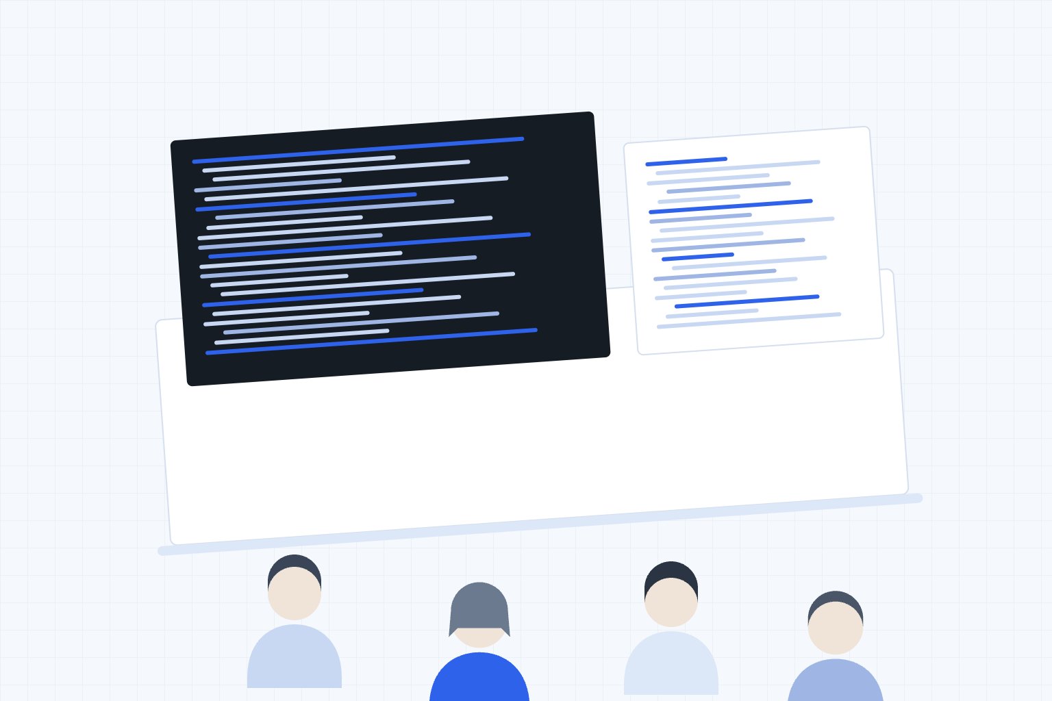 コードが映るモニターと開発チームを斜め上から見たイラスト（制作デモ用ダミー画像）