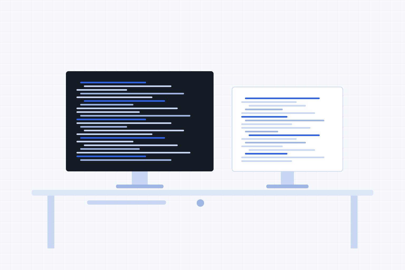 コードが表示されたモニターが並ぶエンジニアのデスクのイラスト（制作デモ用ダミー画像）
