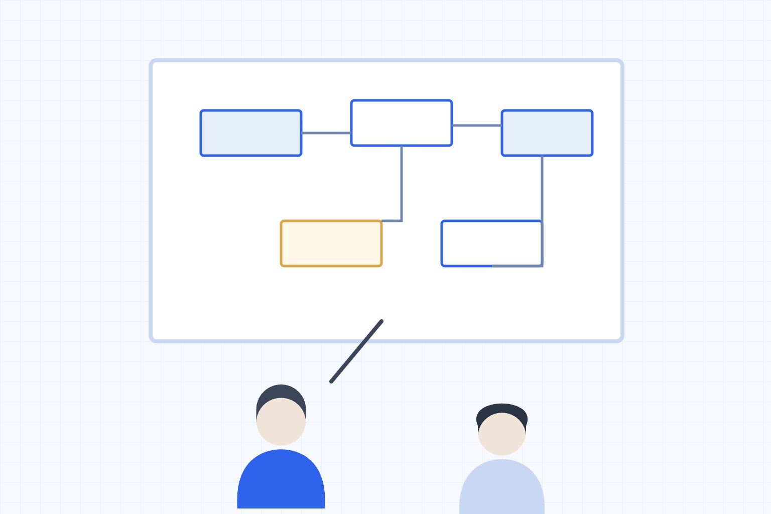 ホワイトボードの前で移行設計を議論する2人のエンジニアのイラスト（制作デモ用ダミー画像）